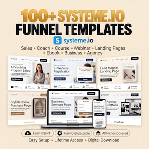 Op de afbeelding: Een digitale collectie van 100+ Systeme.io funnel templates met diverse lay-outs voor verkoop, coaching, cursussen, webinars, landingspagina's, e-books, zakelijke en bureauwebsites. De weergave bevat meerdere webpagina-voorbeelden.