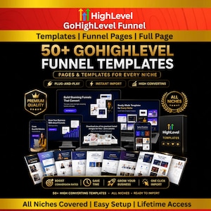 May include: A digital marketing graphic for HighLevel GoHighLevel Funnel Templates featuring 50+ funnel templates, pages, and layouts. The design includes text overlays, icons, and previews of various website funnel pages on screens and mobile devices.