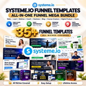 Peut inclure: Un ensemble de marketing numérique affichant le texte Systeme.io Funnel Templates et All-in-One Funnel Mega Bundle. Le graphique présente 35+ modèles d'entonnoirs, diverses maquettes de sites web et des icônes pour l'importation en un clic.