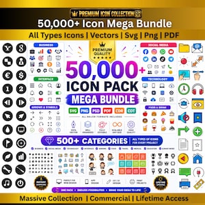 Puede incluir: Un anuncio gráfico digital para un paquete de más de 50,000 iconos. El texto dice Premium Icon Collection, 50,000+ Icon Mega Bundle, All Types Icons, Vectors, Svg, Png, Pdf y 500+ Categories. Muestra varios iconos coloridos y negros.