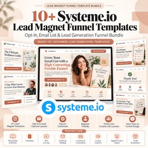 Könnte beinhalten: Ein digitales Paket mit über 10 Systeme.io Lead-Magnet-Funnel-Vorlagen, das verschiedene Landingpage-Designs, Layouts für E-Mail-Listen und Lead-Generierungs-Tools mit Textüberlagerungen wie Lead Magnet Funnel Template Bundle enthält.