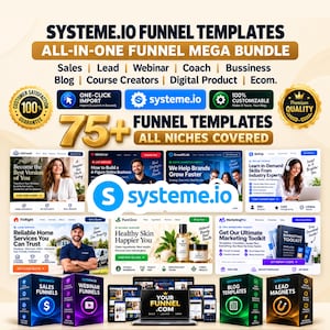 May include: A digital marketing bundle featuring Systeme.io funnel templates. The graphic displays text including Systeme.io Funnel Templates, 75+ Funnel Templates, and various website mockups for sales, webinars, and coaching, with 3D boxes.