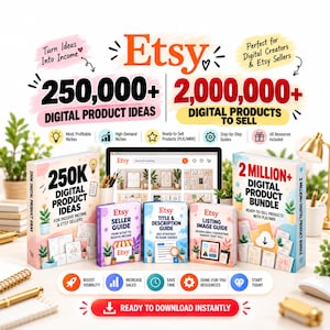 Puede incluir: Un paquete de productos digitales para vendedores de Etsy que incluye cinco libros titulados 250K Digital Product Ideas, Etsy Seller Guide, Title & Description Guide, Listing Image Guide y 2 Million+ Digital Product Bundle, con textos explicativos.