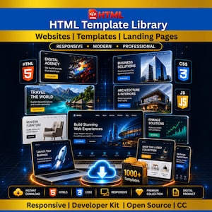Puede incluir: Un gráfico de marketing digital para una biblioteca de plantillas HTML que muestra varias vistas previas de interfaces de sitios web, incluyendo una computadora portátil, un teléfono móvil y un icono de carpeta etiquetado 1000+ Templates, con textos superpuestos.