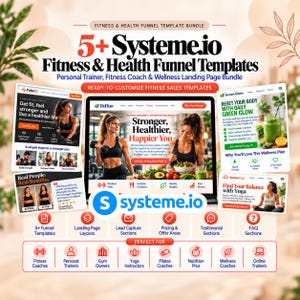 May include: A digital marketing bundle for Systeme.io featuring 5+ fitness and health funnel templates. The graphic displays landing page layouts, lead capture sections, and pricing areas for fitness coaches, personal trainers, and gym owners.