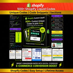 Può includere: Una visualizzazione di prodotto digitale per 500+ codici Shopify Liquid, con frammenti di codice, sezioni ed elementi di interfaccia per aumentare le conversioni. La grafica include testo, mockup di interfaccia, recensioni e pulsanti di acquisto.