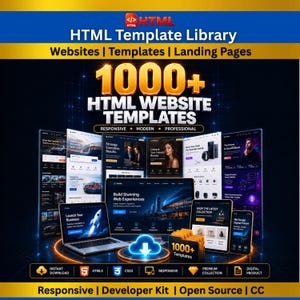 May include: A digital product display featuring the text HTML Template Library and 1000+ HTML Website Templates. The graphic shows various website layouts on a laptop, tablet, and smartphone screens, with a folder icon labeled 1000+ Templates.