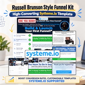 Puede incluir: Un kit de plantilla de embudo de marketing digital para Systeme.io con el texto Russell Brunson Style Funnel Kit, High-Converting Systeme.io Template, y varios diseños de páginas de destino, formularios de pedido y páginas de agradecimiento.