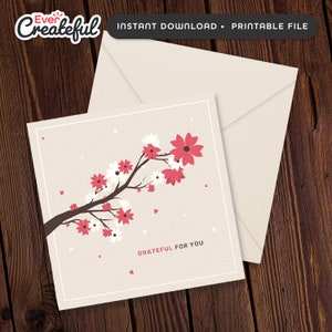 Grato por você Cartão e envelope para impressão em flor de cerejeira Sakura - Download digital instantâneo - Cartão para impressão com padrões