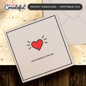 Gratitude I'm So Grateful For You Afdrukbare kaart en envelop, instant digitale download pdf, hartkaart, afdrukbare kaart met patronen