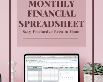 May include: A laptop computer displaying a Google Sheet titled "Master Budget Spreadsheet 1.0". The spreadsheet is a monthly budget tracker with sections for income, expenses, and savings. The sheet is for the month of April 2023. The laptop is on a pink surface with a white ceramic bowl and a potted succulent plant.