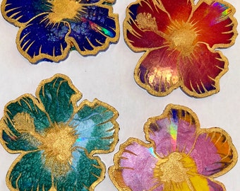 Green Hibiscus, flower, holographic, handpainted, coasters