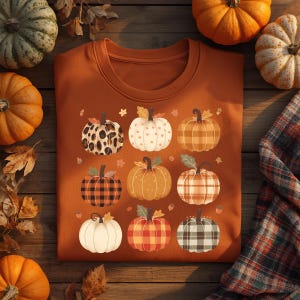 Peut inclure: Un sweat-shirt à col rond orange brûlé orné d'une grille de neuf citrouilles stylisées. Les citrouilles présentent divers motifs, notamment un imprimé léopard, du blanc à petits cœurs, du plaid orange, du vichy noir et rouge et du vichy gris.