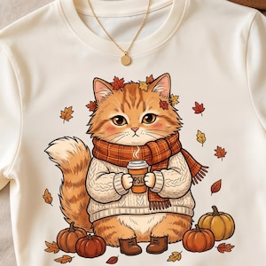 Peut inclure: Un t-shirt couleur crème avec un motif de chat tigré orange portant un pull en tricot torsadé et une écharpe à carreaux. Le chat tient une tasse de café marquée PSL, entouré de feuilles d'automne tombantes et de citrouilles au sol.