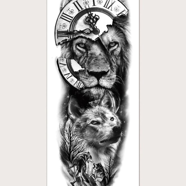 Временная татуировка | Полный рукав | дизайн силы волка и льва