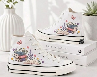 Book Lover Embroidered High Top Sneakers, Reading Theme Shoes, Floral Book Stack Sneakers, Teacher Gift, Bookworm Gift For Her
