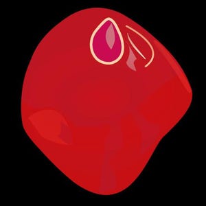 Può includere: Un oggetto rosso a forma di cuore con un design rosa a forma di goccia al centro.