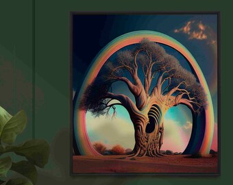 H.G. Giger Style Tree and Rainbow Square Digital Print - AI Art