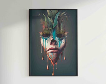Dripping Sad Clown Abstract Plant Face Digital Print - AI Art