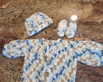 Handmade Crocheted baby sweater set, Baby Boy Crochet Sweater Set, Infant Handmade Baby Cardigan Outfit, Baby Shower Gift, Unisex baby wear