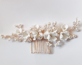 White Porcelain Flower & Pearls Bridal Comb Hair Piece - Handmade Womens wedding Jewelry,bride Headdress,bridesmaid headgear, Gift