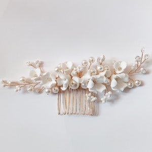 White Porcelain Flower & Pearls Bridal Comb Hair Piece Handmade Womens wedding Jewelry,bride Headdress,bridesmaid headgear, Gift image 1