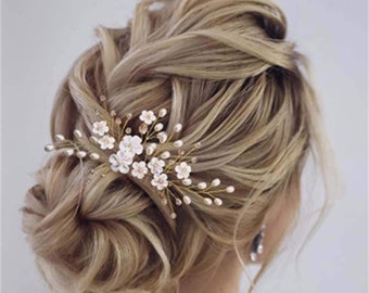 Pettine per capelli in porcellana bianca e perle di fiori, copricapo da sposa fatto a mano, accessori per capelli da sposa, accessorio per capelli da sposa Boho Vintage, regalo