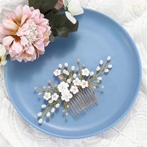 White Porcelain & Flower Pearls Hair comb,Wedding Handmade headgear,Bridal hair accessories,Boho Vintage Wedding Hair Accessory,Gift image 2