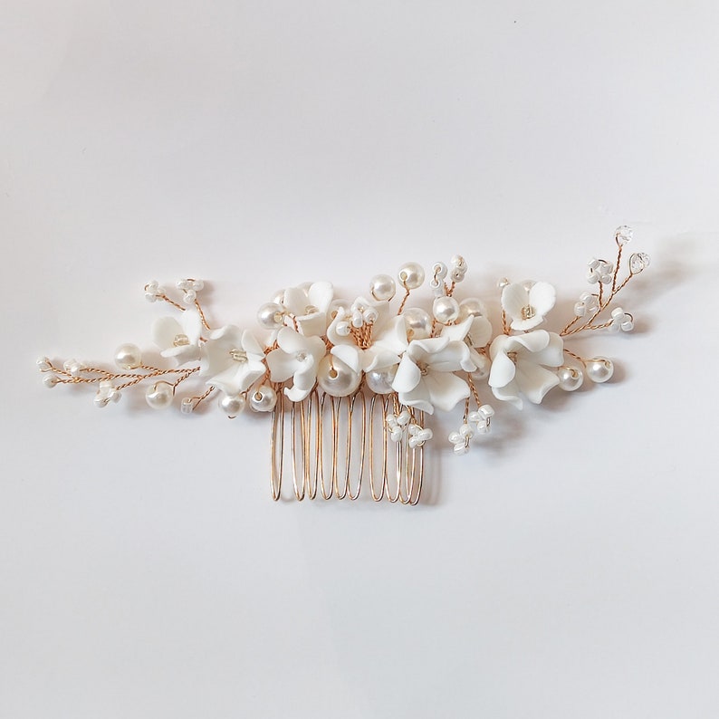 White Porcelain Flower & Pearls Bridal Comb Hair Piece Handmade Womens wedding Jewelry,bride Headdress,bridesmaid headgear, Gift image 9