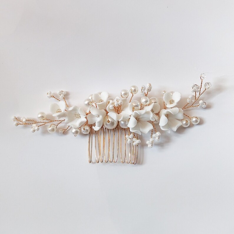 White Porcelain Flower & Pearls Bridal Comb Hair Piece Handmade Womens wedding Jewelry,bride Headdress,bridesmaid headgear, Gift image 1