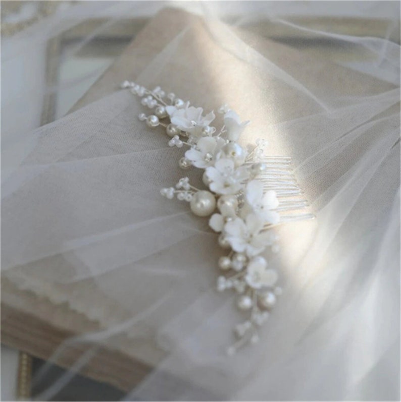 White Porcelain Flower & Pearls Bridal Comb Hair Piece Handmade Womens wedding Jewelry,bride Headdress,bridesmaid headgear, Gift Bild 6