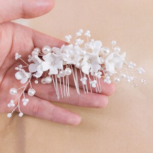 White Porcelain Flower & Pearls Bridal Comb Hair Piece Handmade Womens wedding Jewelry,bride Headdress,bridesmaid headgear, Gift image 2