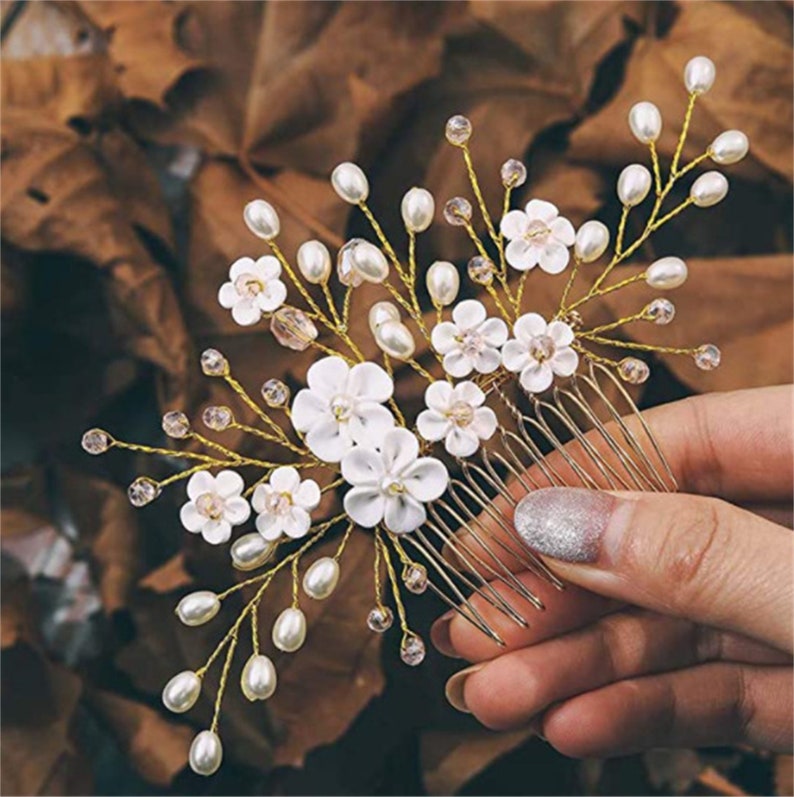 White Porcelain & Flower Pearls Hair comb,Wedding Handmade headgear,Bridal hair accessories,Boho Vintage Wedding Hair Accessory,Gift image 3