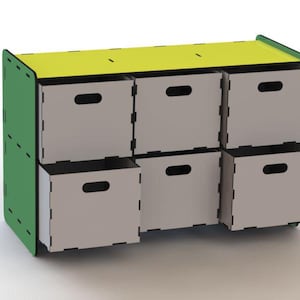 May include: A six-drawer storage unit with a green side panel and a yellow top. The drawers are made of light grey wood and have black handles.