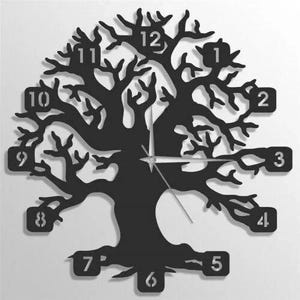 May include: Black silhouette of a tree with branches forming the numbers 1 through 12 on a clock face. The clock hands are silver.