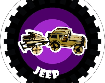 May include: A wooden toy jeep with a purple background and the word "JEEP" in white letters. The jeep is pulling a small wooden boat.