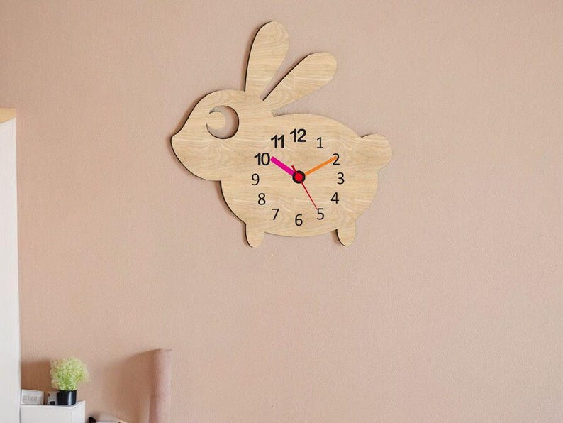 Little Rabbit With Clock Laser Cut Wooden Rabbit Wall Clock for Kids Room 3mm SVG, DXF, CDR - Etsy
