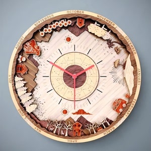 May include: A wooden clock with a circular design featuring a detailed depiction of the months of the year, each with a unique illustration. The clock face is a light brown with a dark brown center and black hour and minute hands. The clock is surrounded by a ring with the names of the months in English.
