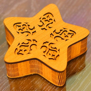 レーザーカットの星型木箱 蓋付き 3 mm CDR、DXF、Ai、pdf