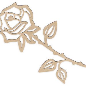 May include: A wooden cutout of a single rose with a stem and leaves. The rose is stylised and has a simple design.