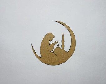 Laser Cut Muslim Girl Praying With Crescent Moon CDR, DXF, Ai, SVG, Pdf