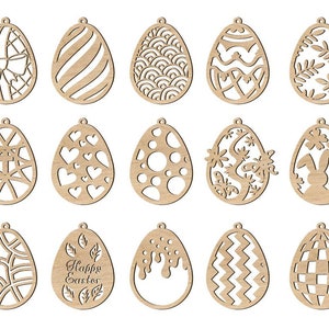 Può includere: Set di 16 decorazioni per uova di Pasqua in legno tagliate al laser con vari disegni, tra cui cuori, pois, strisce e motivi geometrici. Le decorazioni sono grezze e pronte per essere dipinte o decorate.