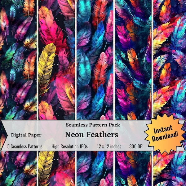 Neon Native Feathers Pattern, Western Digital Paper, Seamless Western Patterns, Ethno Pattern, Neon Native American Pattern