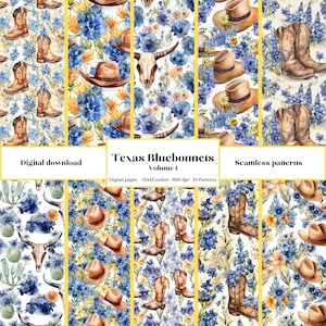 Texas Bluebonnets Pattern, Seamless Western Pattern, Cowboy Seamless Pattern, Cowboy Boots Pattern, Texas Patterns, Bluebonnet Digital Paper