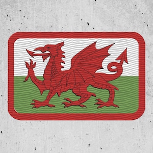 May include: A red dragon with a white and green background. The dragon is the symbol of Wales.
