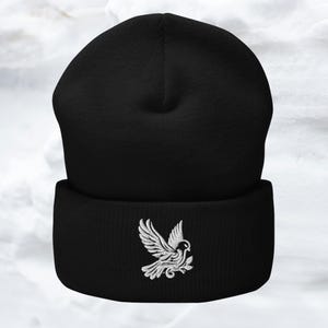 Peace Dove White Embroidered Cuffed Beanie, Christian Holiday Gift, Warm Winter Hat, Festival Embroidery, Unique Christian Dove Apparel