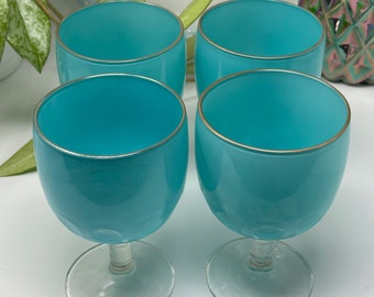 RARE! Set 4 Vintage Bartlett Collins Thumbprint (Coin Dot) Goblets - Hard to find - Turquoise and Gold