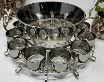 Mid Century Barware Punch Bowl Set Silver Lusterware - 15 Pieces in total - Amazing Set for Entertaining - Birthdays or the Vintage Bar