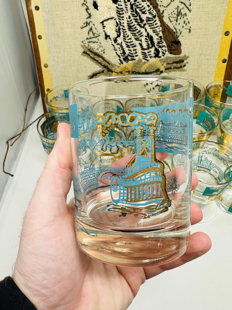 Vintage Libbey Steamboat Glasses Turquoise and Gold 1960's Etsy
