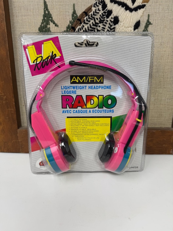 Vintage 90'S LA Rock AM/FM Lightweight Headphone Radio Headset Pink Yellow Blue - Sealed!